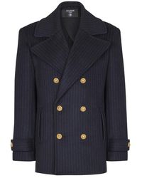 Balmain - Korte Gestreepte Wollen Pea Coat - Lyst