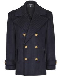 Balmain - Korte Gestreepte Wollen Pea Coat - Lyst