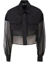 Elisabetta Franchi - Overhemden ,Zwart ,Katoen Cropped Katoenen Blouse Met Zijde Organza Inzetstukken - Lyst