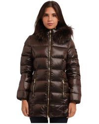 Yes-Zee - Gewatteerde Jas Met Tailleband En Capuchon Met Bontrand - Lyst