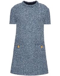 Valentino - Kleedjes ,Blauw ,Tweed Marineblauwe Tweed Mini-Jurk Met Gouden Knopen - Lyst