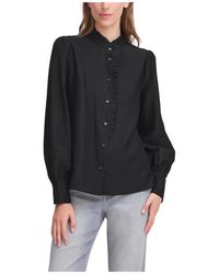 Ichi - Overhemden ,Zwart ,Polyester Mandarijnkraag Blouse Met Lange Mouwen En Knopen - Lyst