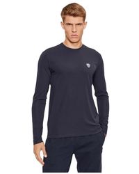 EA7 - Tops ,Blauw ,Stretch T-Shirt Met Ronde Hals En Lange Mouwen - Lyst