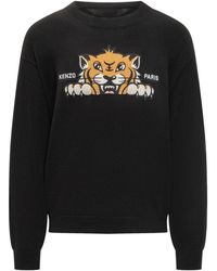 KENZO - Truien & Vesten ,Zwart ,Katoen Happy Tiger Geborduurde Jumper - Lyst