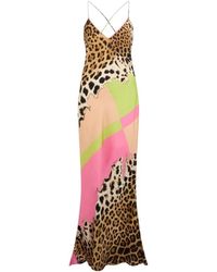 Roberto Cavalli - Lange Zijden Jurk Met Cavalli Pop Print - Lyst