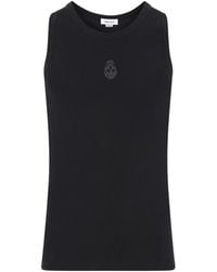 McQueen - Tops ,Zwart ,Katoen Zwarte Geribbelde Katoenen Tanktop Met Omgekeerd Skull Borduurwerk - Lyst