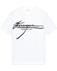Ferragamo - Tops ,Wit ,Katoen T-Shirt Met Logo En Velvet Afwerking - Lyst