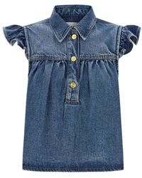 Ganni - Kleedjes ,Blauw ,Denim Denim Ruffle Top - Lyst