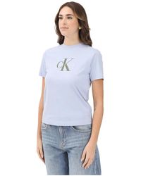 Calvin Klein - Tops ,Blauw ,Katoen Monogram Logo Tee - Lyst