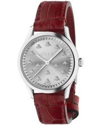 Gucci - Accessoires ,Bruin ,32 Mm Stalen Kast, Zon Geborstelde Wijzerplaat Met Bijen, Rode Gekleurde Alligator Band - Lyst