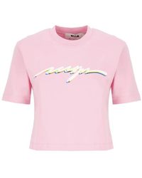 MSGM - Rosa baumwoll t-shirt runder ausschnitt logo - Lyst