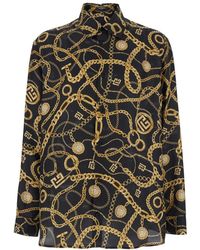 Balmain - Overhemden ,Veelkleurig ,Zijden Overhemd Met Print En Chaînes-Motief - Lyst