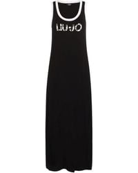 Liu Jo - Kleedjes ,Zwart ,Lange Jersey Jurk Van Viscose Met Logo Print - Lyst