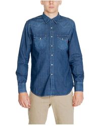 Replay - Overhemden ,Blauw ,Katoen Blauw Effen Shirt Met Lange Mouwen - Lyst