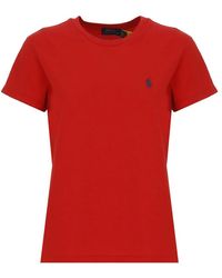 Ralph Lauren - Rotes baumwoll-t-shirt mit gesticktem pony-logo - Lyst