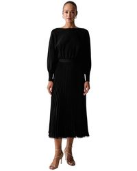 Twinset - Kleedjes ,Zwart ,Katoen Lange Gebreide Jurk Met Geplooide Crêpe Rok - Lyst