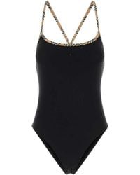 Burberry - Badmode ,Zwart ,Nylon Check Trim Zwempak - Lyst