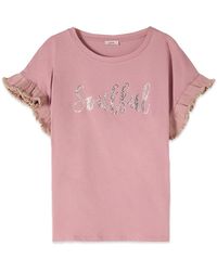 Oltre - Tops ,Roze ,Katoen Katoenen T-Shirt Met Kristallen En Ruffles - Lyst