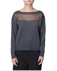 Roberto Collina - Tops ,Blauw ,Wol Zwarte Wollen Boothals Trui Met Transparante Voorkantinzet - Lyst