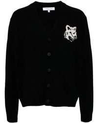Maison Kitsuné - Truien & Vesten ,Zwart ,Wol Fox Head Wool Cardigan Sweaters - Lyst