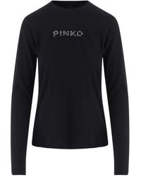 Pinko - Tops ,Zwart ,Katoen Lange Mouwen Katoenen T-Shirt Met Logo - Lyst