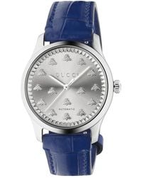 Gucci - 38 mm edelstahlgehäuse, sonnengebürstetes zifferblatt mit bienen, blau gefärbtes alligatorarmband - Lyst