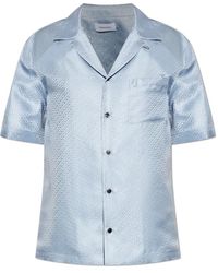 Ferragamo - Overhemden ,Blauw ,Leer Kort Mouw Zijden Overhemd - Lyst