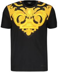Versace - Tops ,Zwart ,Katoen Geribbelde Katoenen T-Shirt Met Print Op De Voorkant - Lyst