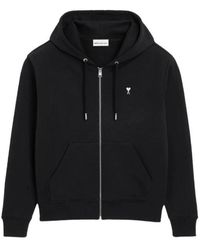 Ami Paris - Hoodies & Sweatvesten ,Zwart ,Katoen Hoodie Met Rits En Borstborduursel - Lyst