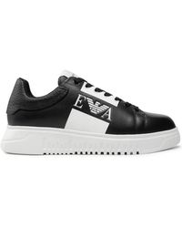 Emporio Armani - Sneakers in pelle nera con logo a contrasto - Lyst