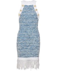 Balmain - Kleedjes ,Blauw ,Tweed Fringed Tweed Mini Dress - Lyst