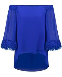 Joseph Ribkoff - Overhemden ,Blauw ,Polyester Off-Shoulder Pullover Met Veerdetail - Lyst