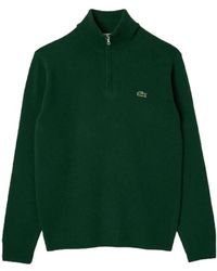 Lacoste - Maglione in lana verde con collo alto e zip - Lyst
