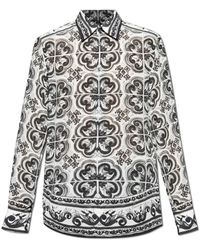 Dolce & Gabbana - Overhemden ,Wit ,Leer Zijden Shirt Met Majolica-Print - Lyst