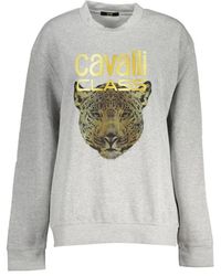 Roberto Cavalli - Hoodies & Sweatvesten ,Grijs ,Katoen Grijs Fleece Sweatshirt Met Ronde Hals - Lyst