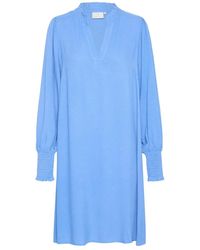 Kaffe - Kleedjes ,Blauw ,Soepelvallende Jurk Met Smock Manchetten - Lyst
