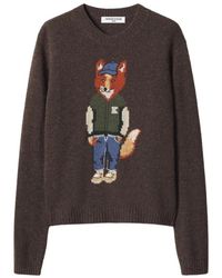 Maison Kitsuné - Truien & Vesten ,Bruin ,Wol Dressed Fox Intarsia Wol Trui - Lyst