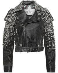 Philipp Plein - Jassen ,Zwart ,Leer Leren Cropped Biker Jacket Ls Strass - Lyst