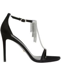 Stuart Weitzman - Schoenen ,Zwart ,Suède Opulente T-Strap Sandaal Met Kristallen Franjes - Lyst