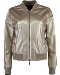 Moorer - Metallic Leren Jas Met Ritszakken - Lyst