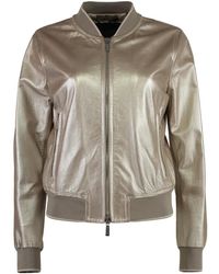 Moorer - Metallic Leren Jas Met Ritszakken - Lyst