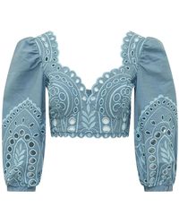 Charo Ruiz - Overhemden ,Blauw ,Dunne Broderie Top Met Bandjes - Lyst