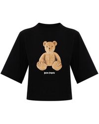 Palm Angels - Tops ,Zwart ,Katoen Cropped T-Shirt Met Bedrukt Logo - Lyst
