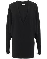 Saint Laurent - Truien & Vesten ,Zwart ,Wol V-Hals Wollen Jurk - Lyst