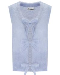Ganni - Blauer ärmelloser mohair-cardigan mit schleifen - Lyst