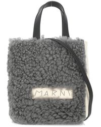 Marni - Graue Lederhandtasche Mit Pelzdetails - Lyst