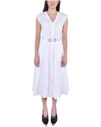 Michael Kors - Gestreiftes Baumwoll-Midi-Kleid Mit Nieten-Gürtel - Lyst