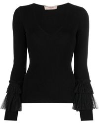 Twinset - Truien & Vesten ,Zwart ,Tule Aansluitende Tule Top Met Ruches - Lyst