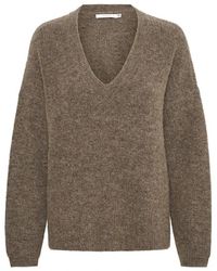 Gestuz - Truien & Vesten ,Bruin ,Wol Zachte V-Hals Pullover Donker Zand Melange - Lyst