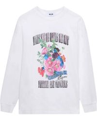 MSGM - Hoodies & Sweatvesten ,Wit ,Katoen T-Shirt Met Lange Mouwen En Bloemenprint - Lyst